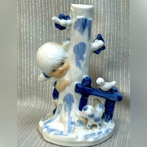 Delft Blue Single Bud Vase - Little Girl, a Puppy and a Bird